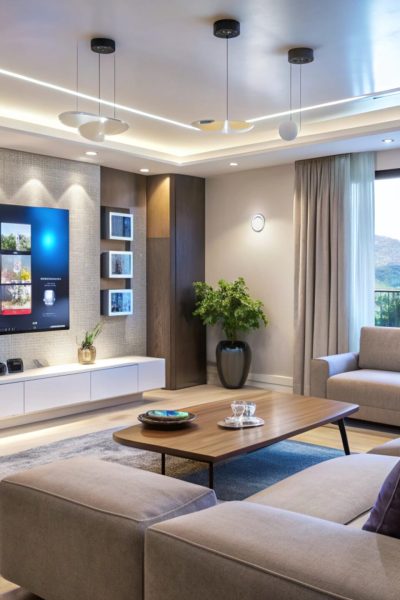 Modern living room with large TV and comfortable sofa.