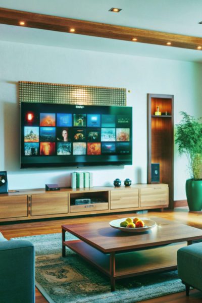 Modern living room with teal couches, tv, and wood accents.